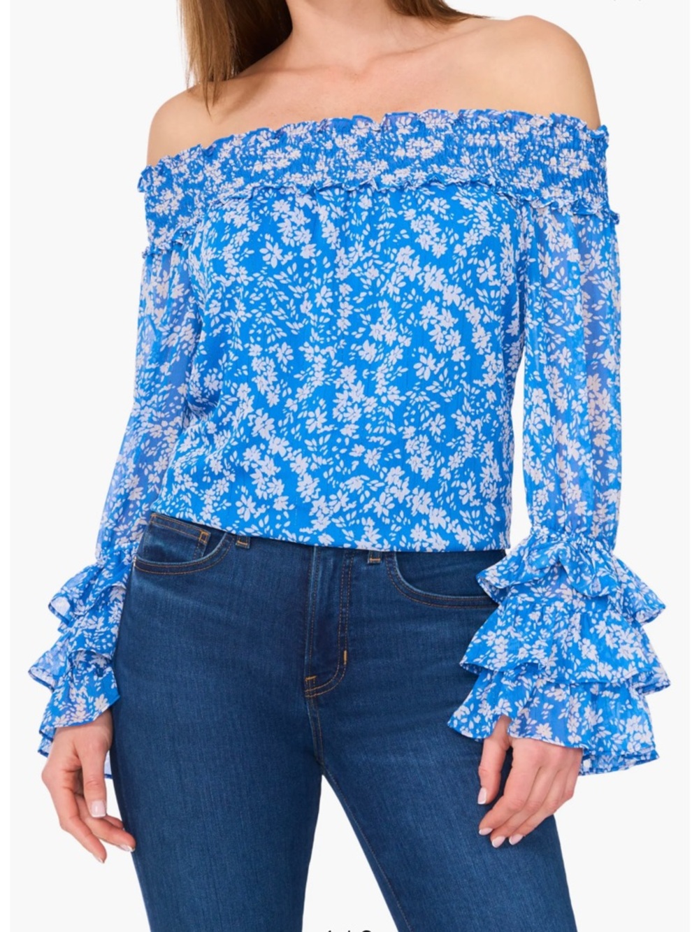 Nordstrom Off-Shoulder sparkle Blue Floral Ruffle Sleeve Top